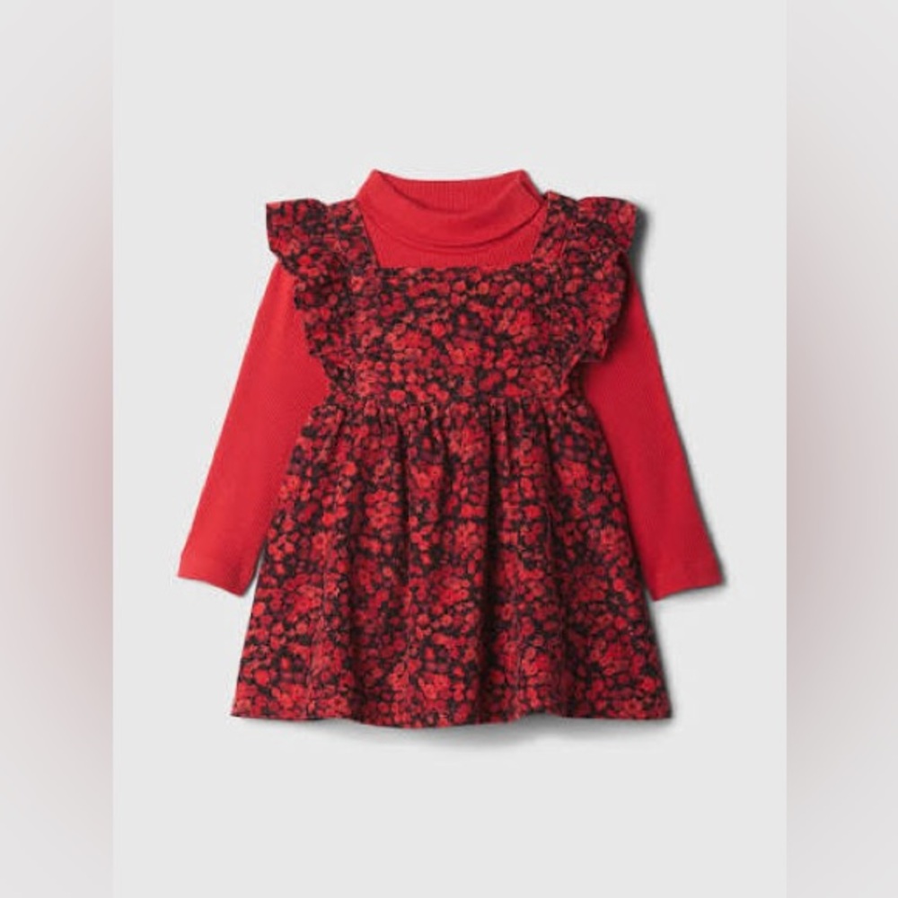 GAP BABY Turtleneck Ruffle Pinafore Dress Set - Size 6-12M -Modern Red